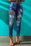 Blue Easter Leopard Bunny Print Distressed Skinny Jeans