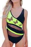 Yellow Leopard Butterfly Color Block Mesh Patchwork One-piece Swimsuit LC443116-7
