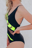 Yellow Leopard Butterfly Color Block Mesh Patchwork One-piece Swimsuit LC443116-7