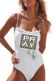 White PRAY Leopard Print Frill Trim Belted Sleeveless One-piece Swimsuit LC443117-1