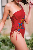 Red Butterfly Print Drawstring One Shoulder One-piece Swimwear LC443119-3