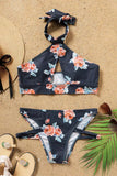 Gray Floral Print Cut-out Criss Cross Halter Bikini Swimsuit LC433333-11