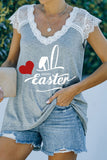 Gray Easter Day Letter Print Contrast Lace Shoulder Graphic Tee