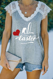 Easter Day Letter Print Contrast Lace Shoulder Graphic Tee