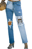 Skyblue Light Wash Bunny Print Patchwork Distressed High Waist Jeans