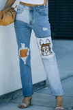 Jeans a vita alta invecchiati patchwork con stampa coniglietto lavaggio chiaro
