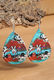 BH01627-4, Sky Blue Easter Day Colorblock Bunny Print Pu Leather Drop Earrings 