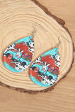 BH01627-4, Sky Blue Easter Day Colorblock Bunny Print Pu Leather Drop Earrings 