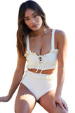 White Ruffled Lace-Up High Waist Bikini Swimwear LC433341-1