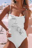 Abstract Face Sketch Print Ruffle Trim Belted One-Piece Swimsuit