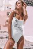 White Abstract Face Figure Print Belted Ruffled One-Piece Swimsuit LC443126-1