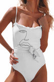 White Abstract Face Figure Print Belted Ruffled One-Piece Swimsuit LC443126-1