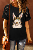 Black Bunny Print Ripped Sleeve T-shirt