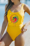 Yellow Tie Dye Sunflower Print Belted Backless One-piece Swimsuit LC443134-7