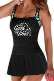 Black Good Vibes Pattern Tummy Control One-piece Swimsuit LC443144-2