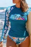 Blue Beachin' Tropical Plant Print Long Sleeve Swimsuit LC481183-5