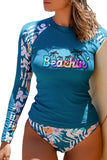 Blue Beachin' Tropical Plant Print Long Sleeve Swimsuit LC481183-5