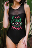 Black Watermelon Letter Print Mesh Contrast Cut-out One-piece Swimsuit LC443140-2