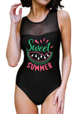 Black Watermelon Letter Print Mesh Contrast Cut-out One-piece Swimsuit LC443140-2