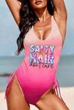 Pink SALTY HAIR Letter Tie-dyed Print Backless One-piece Swimwear LC443141-10