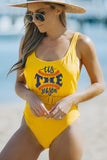 Yellow Baseball Letter Print Ribbed Backless One-piece Swimwear LC443163-7