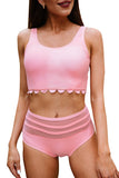 Pink Solid Scallop Crop Mesh Stitching High Waist Bikini LC431540-10