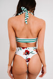 Green Striped and Floral Bikini Set LC433019-9