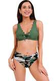 Green Camouflage Scalloped Lace Up V Neck Bikini Swimsuit LC432438-9