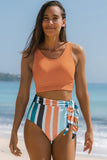 Orange Floral Printed High Waist Waist Lace Up Bikini Set LC433055-1014