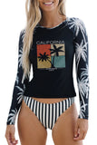 Black California Plant Striped Print Long Sleeve Tankini Swimwear LC481261-2