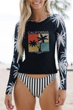 Black California Tropical Print Long Sleeve Tankini Swimwear