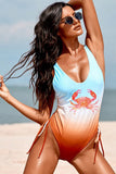 Sky Blue Crab Gradient Color Print Drawstring One-piece Swimsuit LC443185-4