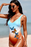 Sky Blue MOM Graphic Gradient Color Print Drawstring One-piece Swimwear LC443097-104