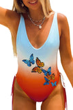 Sky Blue MOM Graphic Gradient Color Print Drawstring One-piece Swimwear LC443097-104