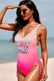 Pink MOM Graphic Gradient Color Print Drawstring One-piece Swimwear LC443097-10