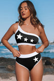 Black Star Print Color Block One Shoulder High Waist Bikini Swimwear LC433422-2