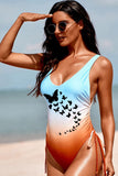 Sky Blue Butterfly Gradient Color Print Backless Drawstring One-piece Swimsuit LC443206-4