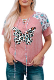 Pink Leopard Stitching Crew Neck Top LC25114691-10