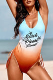 Sky Blue Beach Please Graphic Print Drawstring Backless One-piece Swimsuit LC443229-4