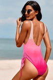 Pink Daisy Gradient Color Print Drawstring V Neck One-piece Swimwear LC443233-10
