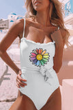 White Daisy Print Belted Adjustable Spaghetti Strap One-piece Swimsuit LC443236-1