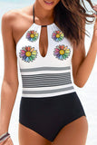 White Daisy Striped Print Halter Backless One-piece Swimsuit LC443237-1