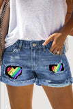 Women's Rainbow Heart Patch Frayed Raw Hem Denim Shorts