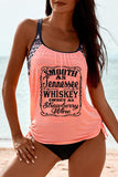 Pink Whiskey Graphic Print Drawstring Racerback Tankini Swimwear LC415693-10