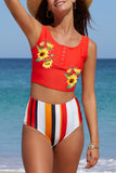 Sunflower Print Tank Top and Stripped Panty High Waist Tankini Swimsuit