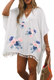 Floral Print Hooded Oversized V Neck Beach Cover Up with Tassels