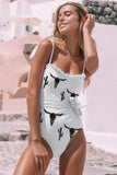 White Bull Cactus Print Frilled Lace-up One-piece Swimsuit