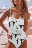 White Bull Cactus Print Frilled Lace-up One-piece Swimsuit