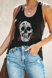 Black Skeleton Rose Graphic U Neck Relaxed Tank Top