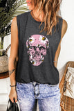 Gray Floral Skull Graphic Crew Neck Tank Top